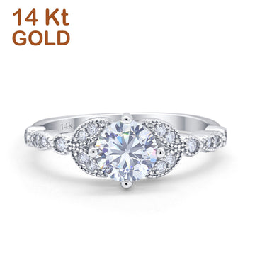 14K White Gold Art Deco Wedding Ring Bridal Round Simulated Cubic Zirconia Size-7
